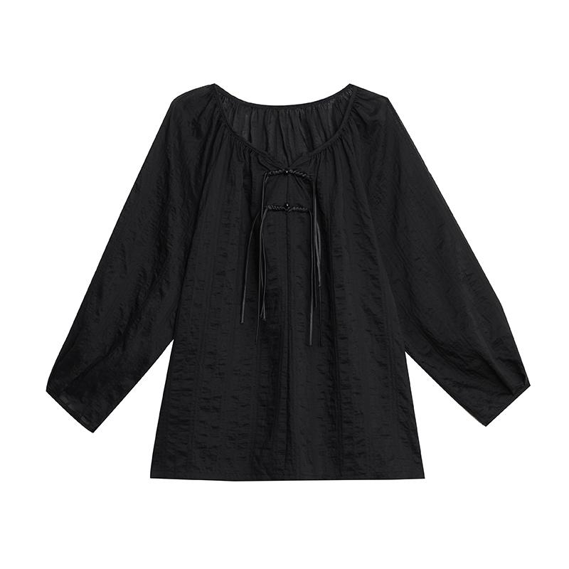 Elegant Plus Size Black Blouse for Women In Loose New Chinese Style with Long Sleeves