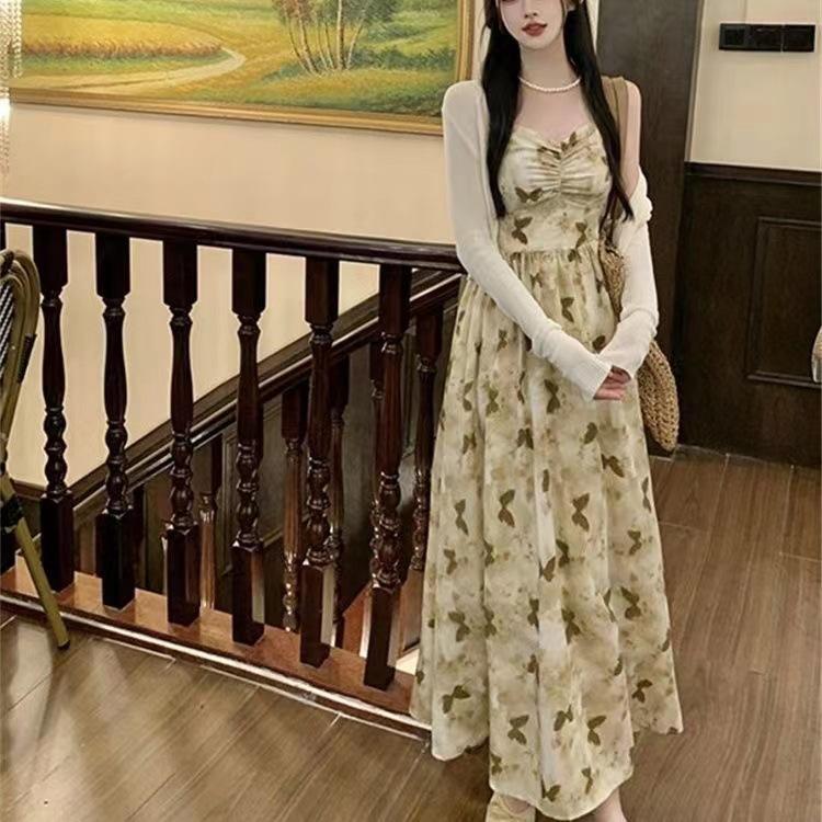 French gentle wind sleeveless dress women's summer design sense temperament waist printing A word suspender medium and long skirt