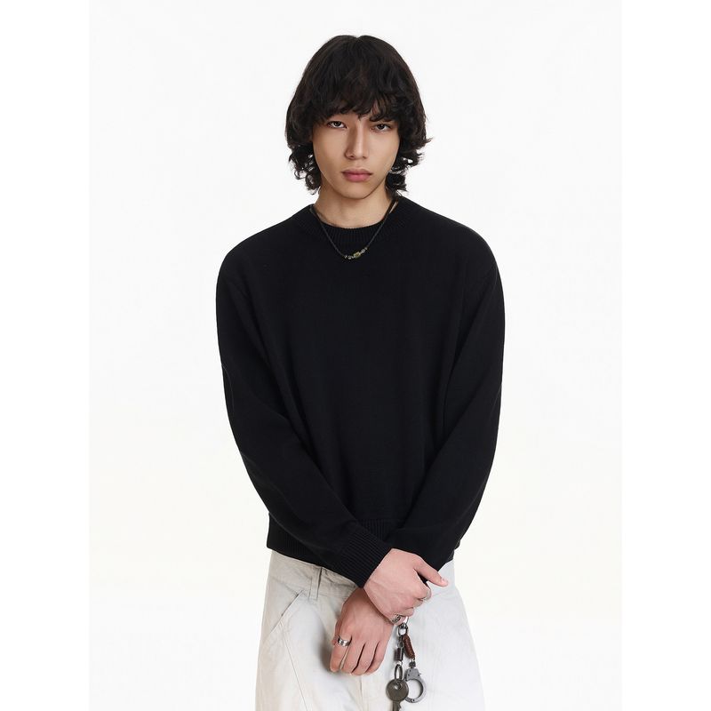 Blaexit American Minimalist Short Sweater for Men, Winter Loose Round Neck Inner Layer, Commuter Black Knit Top