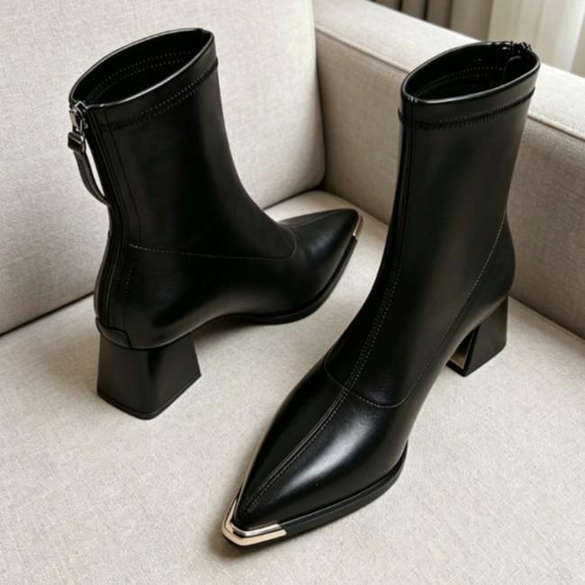French pointed high-heeled short boots women's autumn and winter metal head thick heel commuting versatile rear zipper women's boots