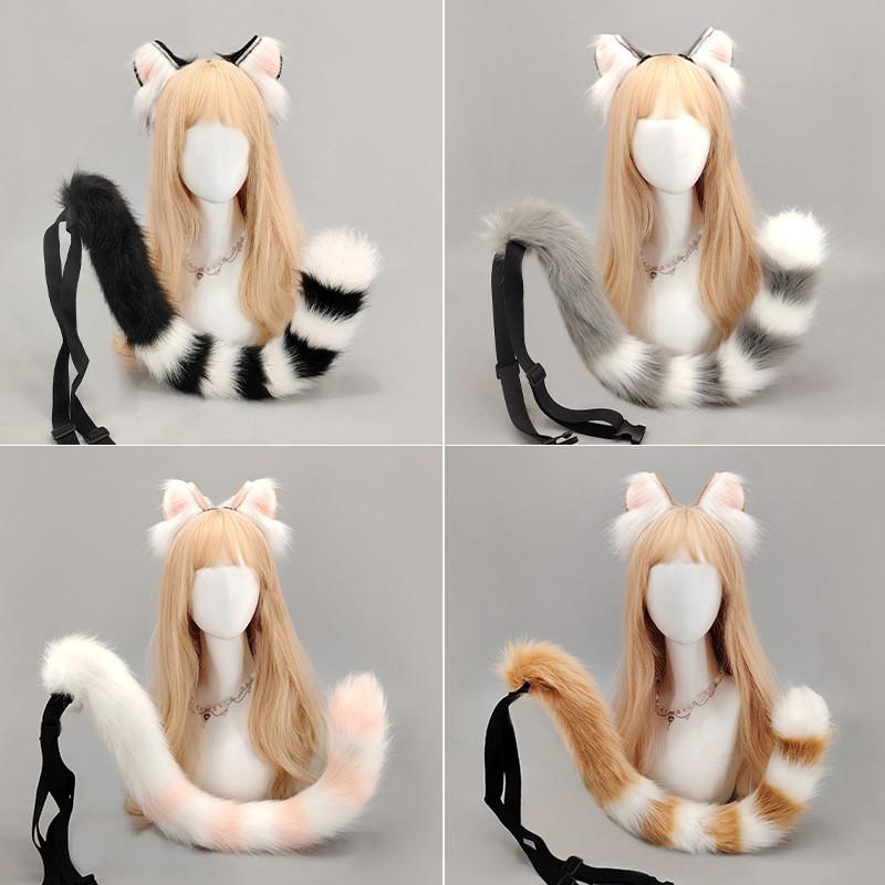 Set Bandă cu Urechi de Pisică din Blană Artificială și Coadă Handmade Accesoriu Costum Animal Kawaii Cosplay Convenție Anime