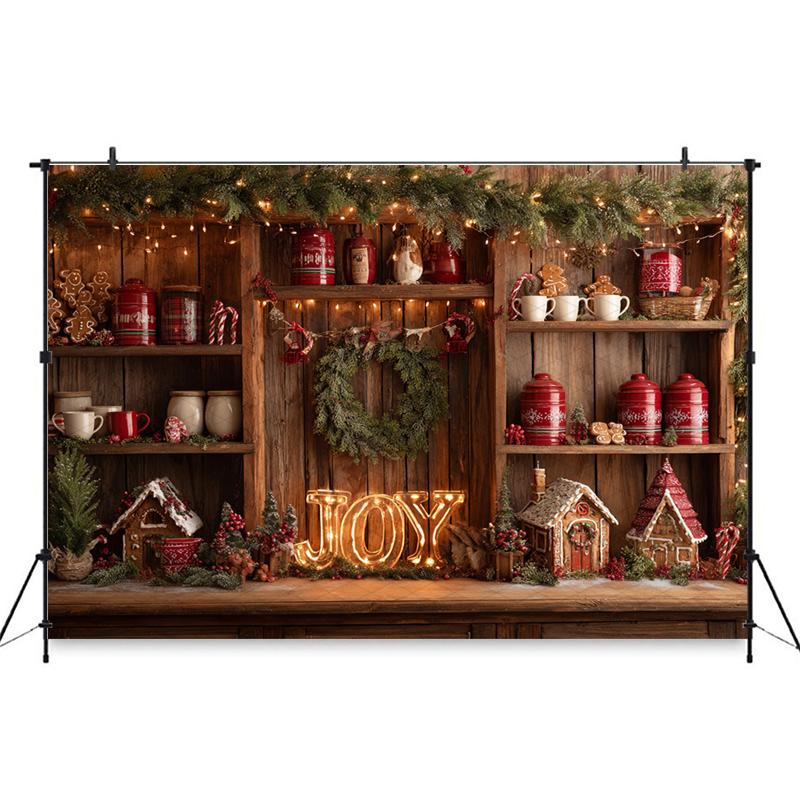Mocsicka Christmas Kitchen Backdrop Wooden Cabinet Tableware Decorations Christmas New Year Party Festival Backgrounds Wallpaper