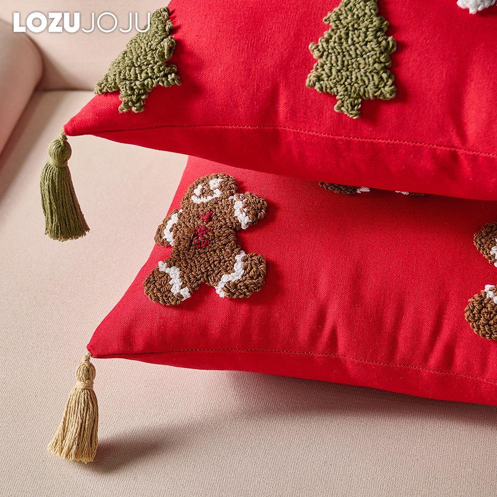 1PC LOZUJOJU Fashionable and Versatile Christmas Style Red Pillowcase Plush Embroidery Soft Cushion Cover for Sofa Living Room Bedroom Home Decor