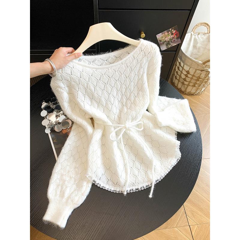 Women's French Lace Patchwork Hollow Knit Pullover – Soft, Fluffy, Waist-Cinched, Stylish Long Sleeve for Early Autumn