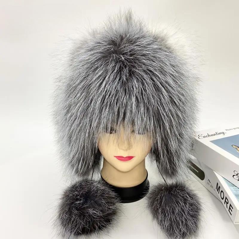 Winter Hat Woman Warm Cat Ushanka Balaclava Russian Fox Fur Trapper Women Bomber Hats Luxury Furry Snow Cap Earflap Fox Fur Hat