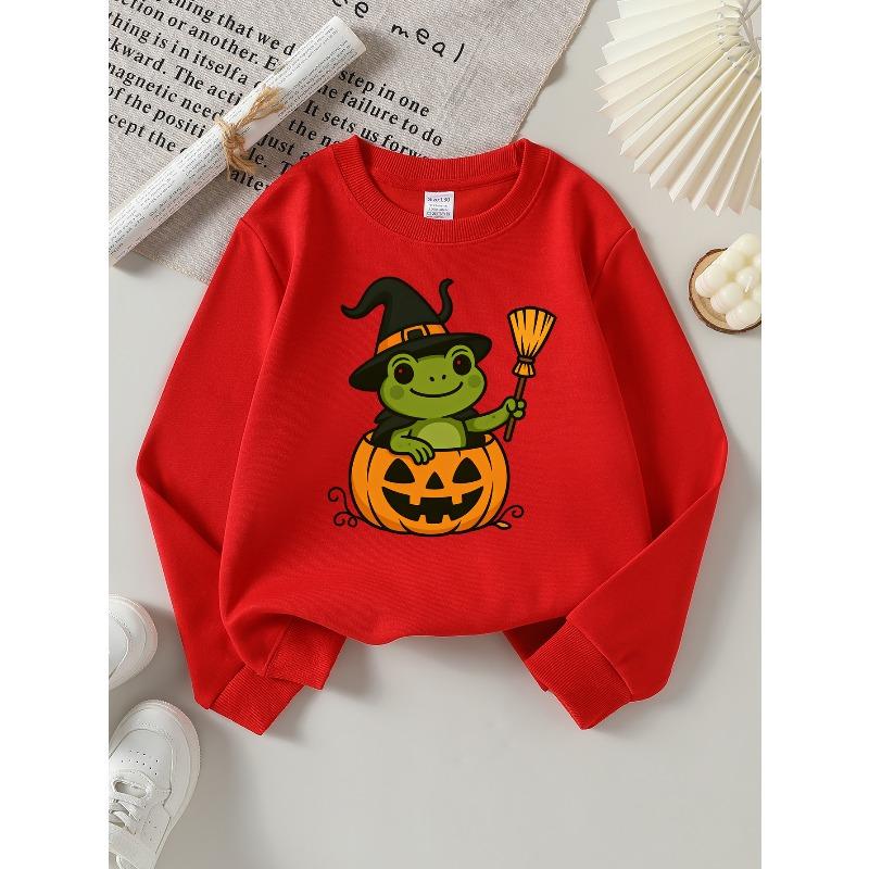 Girls' Halloween Long-Sleeve Sweatshirt, Round-Neck Fun Print Casual Top, Kids' Autumn Clothing, Suitable for Trick-Or-Treat Parties And Halloween