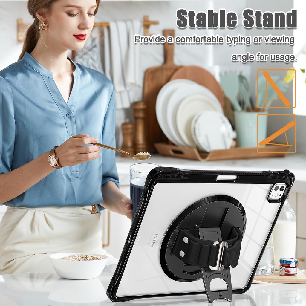 For iPad Pro 13 (2024) Kickstand Case Hand Strap PC+TPU+Acrylic Cover with Shoulder Strap