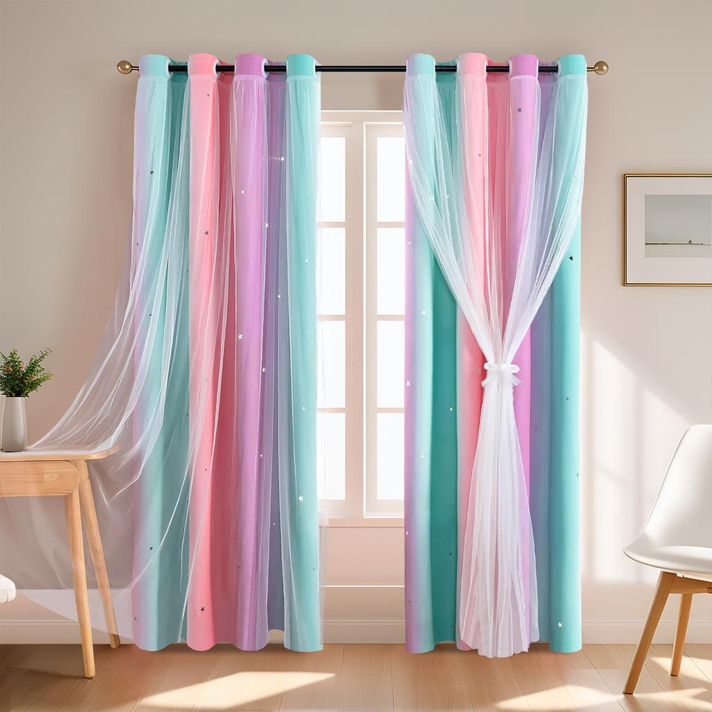 2025Gradient Striped Curtains Double Layer Curtains Blackout Sheer Curtains Perforated Curtains