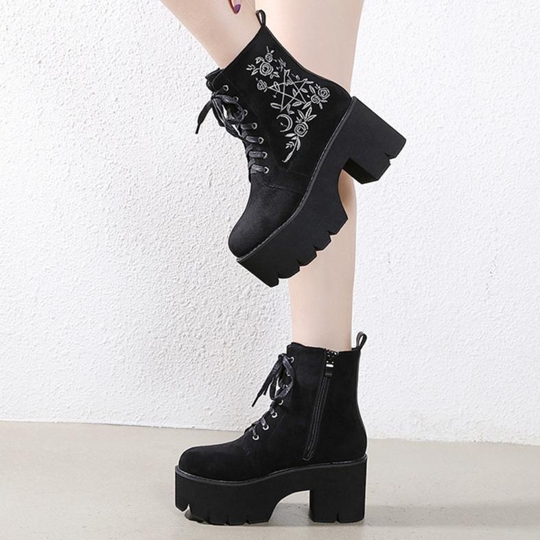 Botas de tubo corto con cremallera lateral gótica Botas de invierno De  mujer Bordado Plataforma con cordones Botines comprar a buen precio —  entrega gratuita, reseñas reales con fotos — Joom