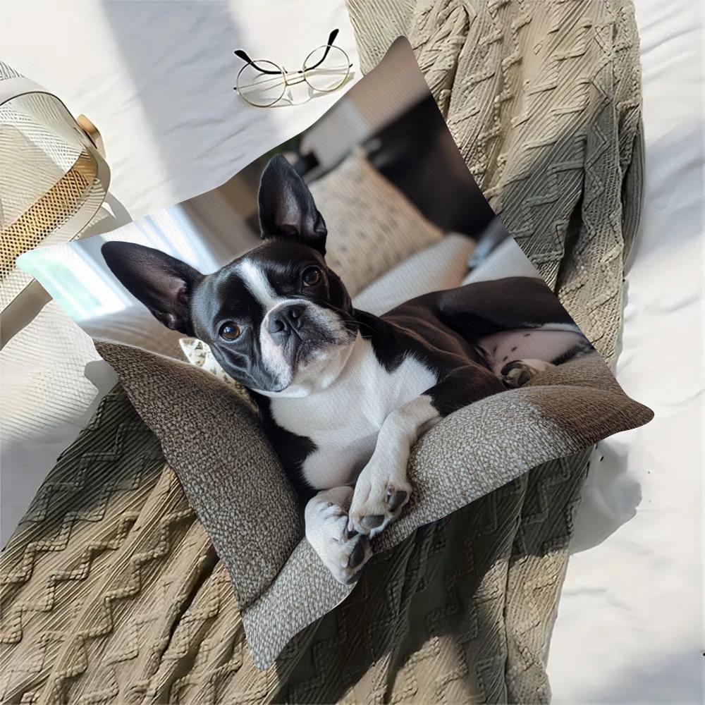 Boston Terrier Gaze Double-Sided Decorative Pillowcase, Cute Dog Portrait Cushion Cover For Sofa Living Room Bedroom Decor