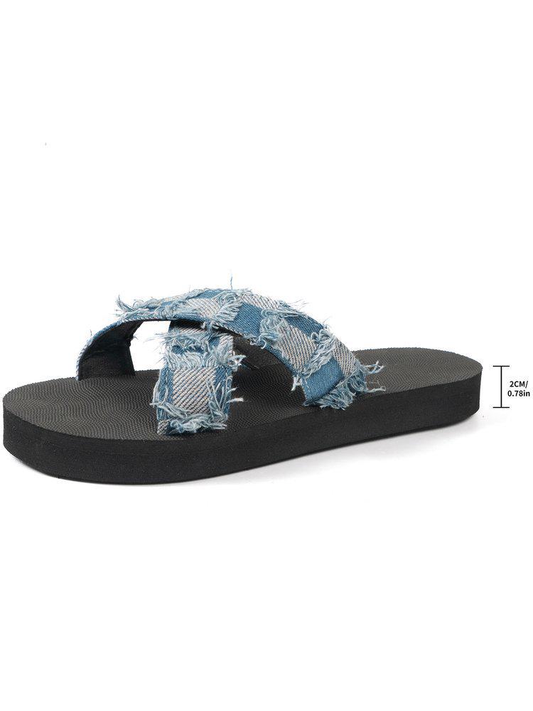 2024 Women's Large-Size Cross-Strap Denim Plaid Casual Beach Sandals