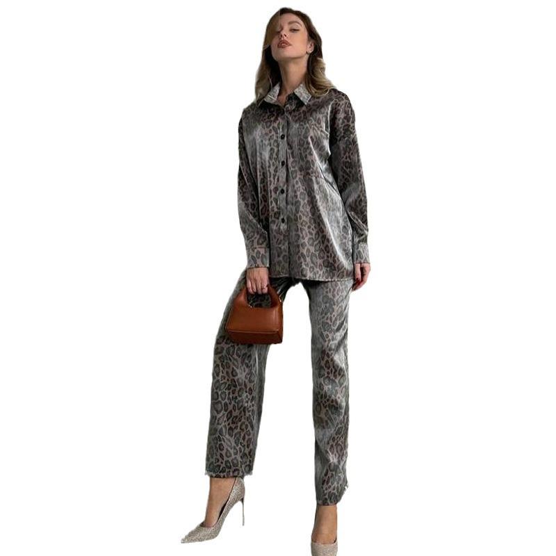 2024 Spring Women's Leopard Print Casual Two-Piece Set: Long Sleeve Top & Pants