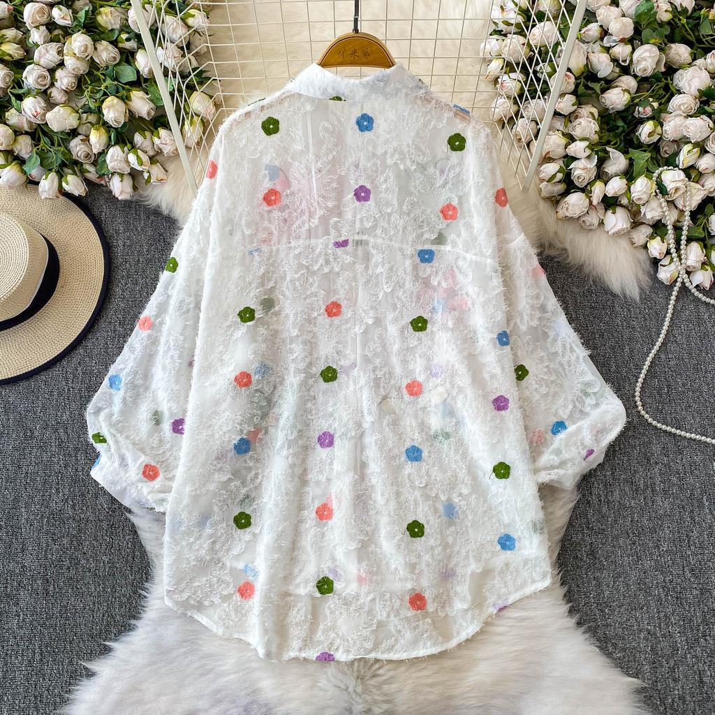 Premium Heavy Industry Diamond Sequined Flower Lapel Lantern Sleeve Shirt Women's Summer Sweet Age-reducing Loose Fringed Top