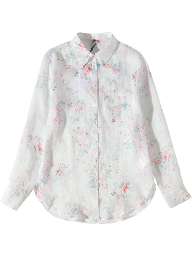 2020 Spring/Summer Artistic Floral Ramie Long Sleeve Top for Women