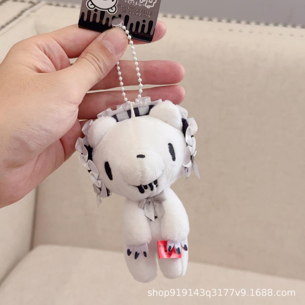 Kawaii 10CM Pink Bear Plush Toy Keychains Japanese Cute Stuffed Animal Lace Trim Pink Bear Plushie Doll Bag Accessories Charm