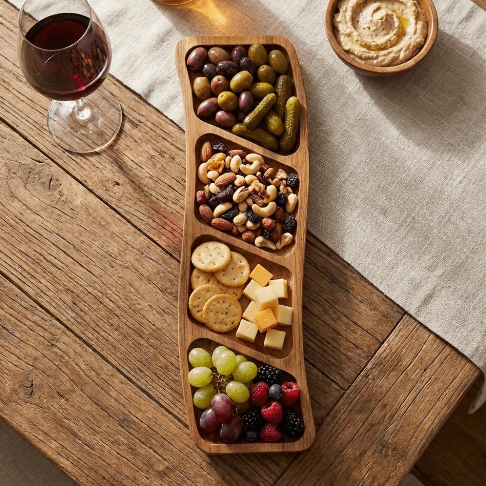 Portable Wooden Snack Tray 3/4 Compartments Dipping Plate Snack Shallow Plate Home Dining