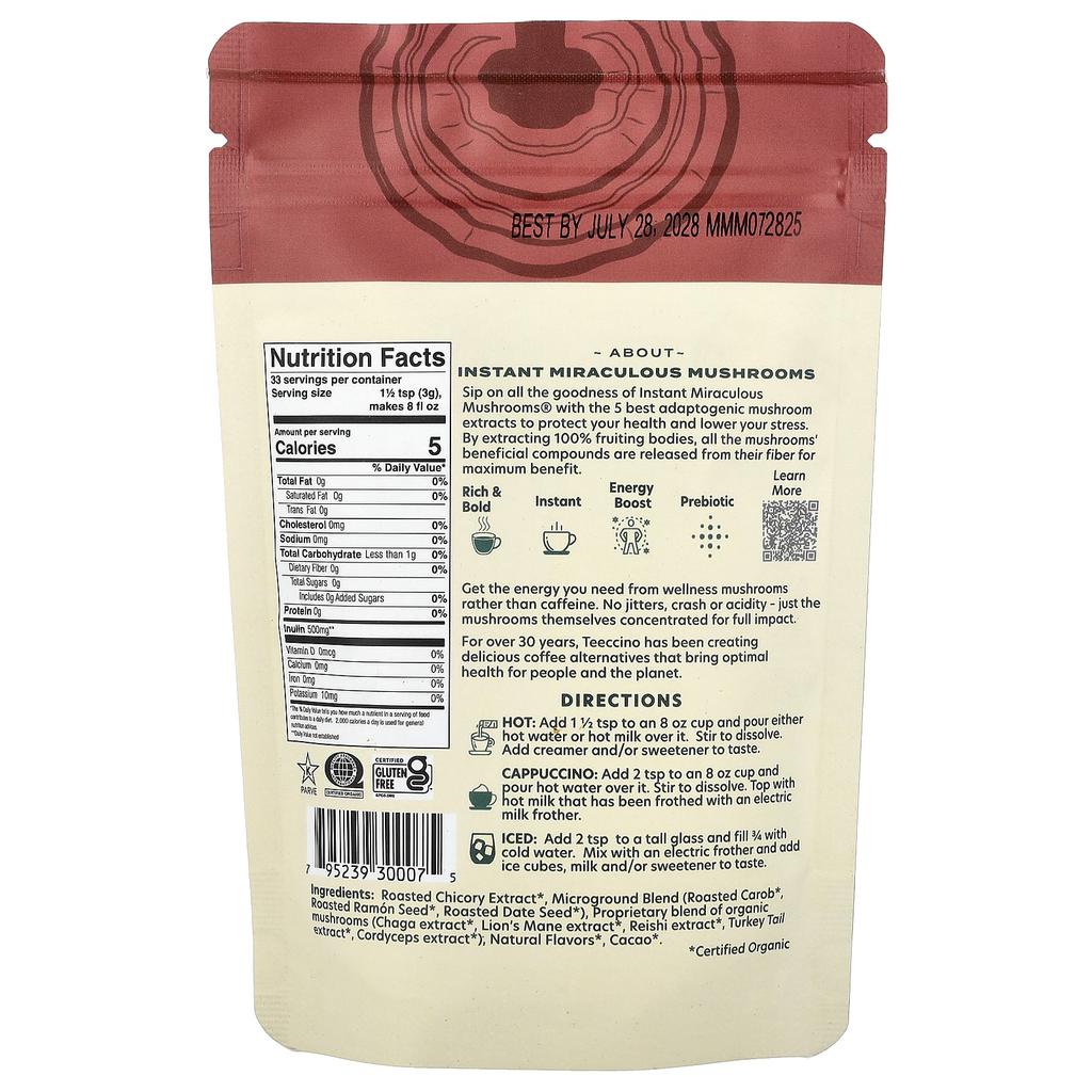 Teeccino, Instant Herbal Coffee, Miraculous Mushroom, Caffeine Free, 100g (3.53oz)