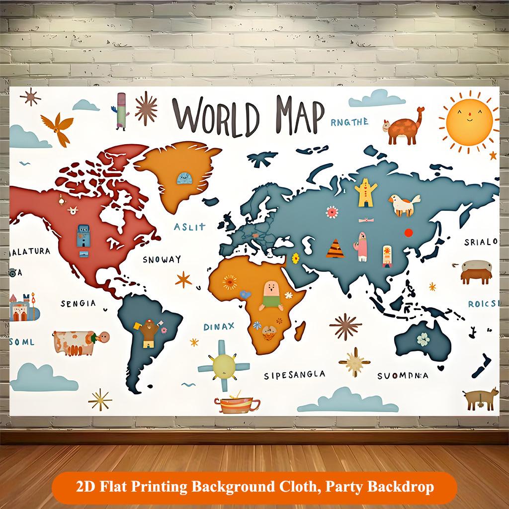 1 Piece of 2D Flat Background Fabric Background Fabric Showing the Landscapes of Various Continents for Map Display