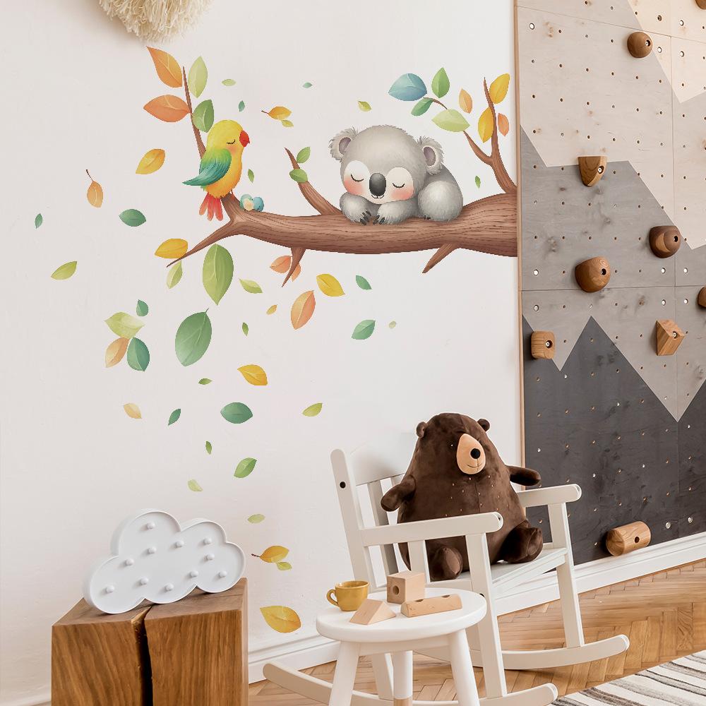 Cute Cartoon Koala On Branch Wall Sticker Sweet Nursery Self-Adhesive Decor for Kids Room Bedroom Living Room Wall Art