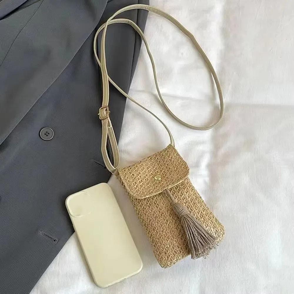 Weaving Woman Phone Pouch Elegant Woven Beach Bag Leisure Straw Woven Handbag Female