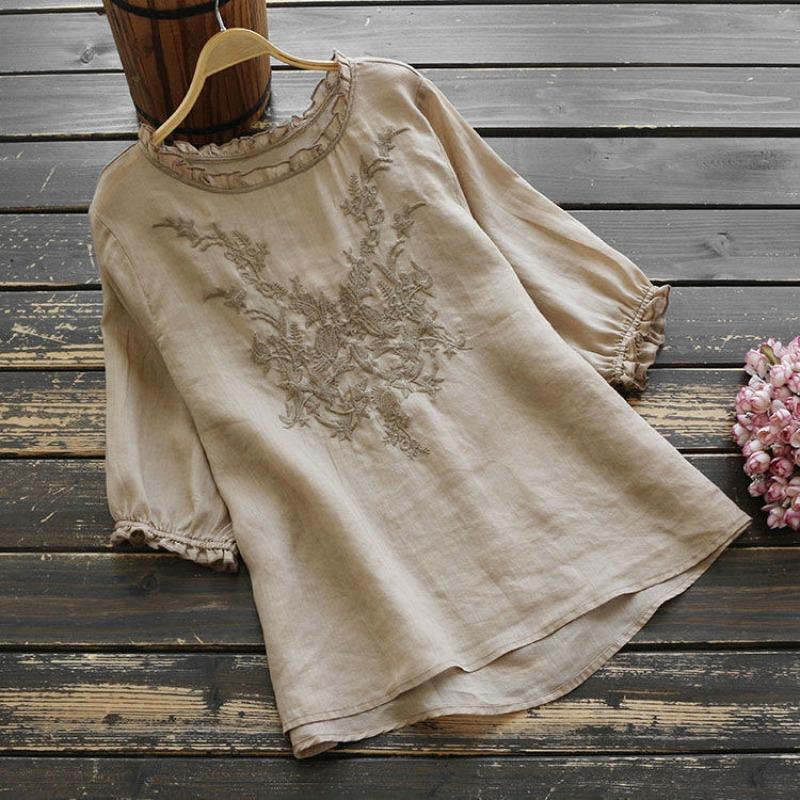 

Women s T-shirt Large Size Loose Embroidered Summer Short Sleeve T-Shirts Women Fashion Versatile Breathable Thin Ethnic Style Office Lady Tops New M хаки