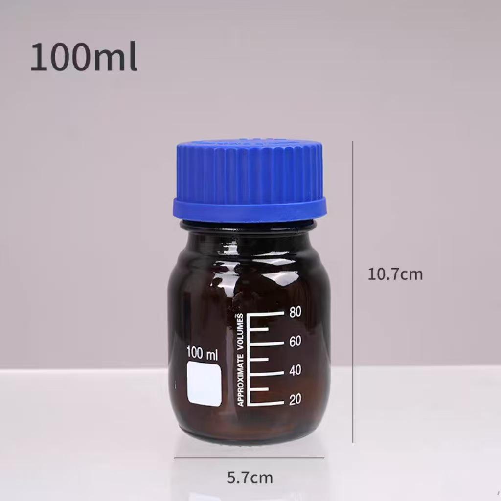 Blue Cap GL45 Threaded Glass Reagent Bottle - Transparent, Brown, Round with Scale, Sealed Sampling Lab Bottle