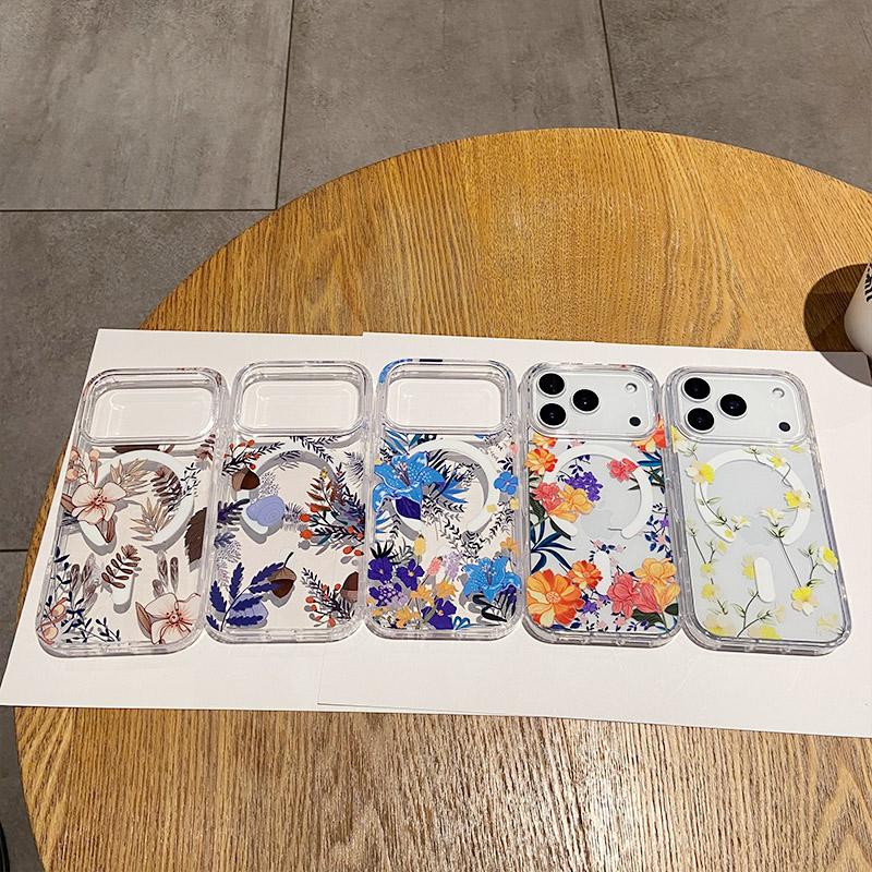 for IPhone 17 Air 16 15 14 13 12 Pro Max Clear Hard Acrylic Cover Luxury Glitter Flower for Magsafe Wireless Charge Magnet Case
