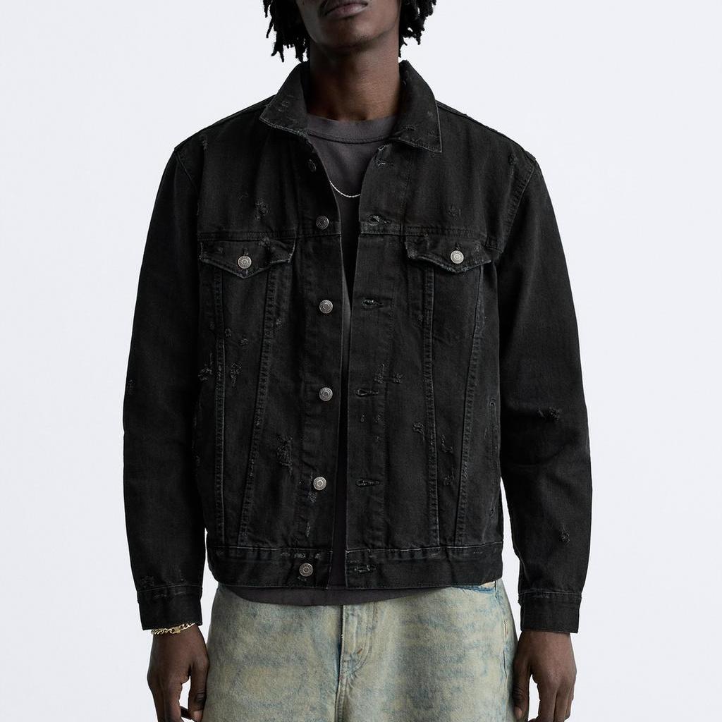 Zara Casual Ripped Lapel Long Sleeve Denim Jacket Men jackets Black 1538470-800