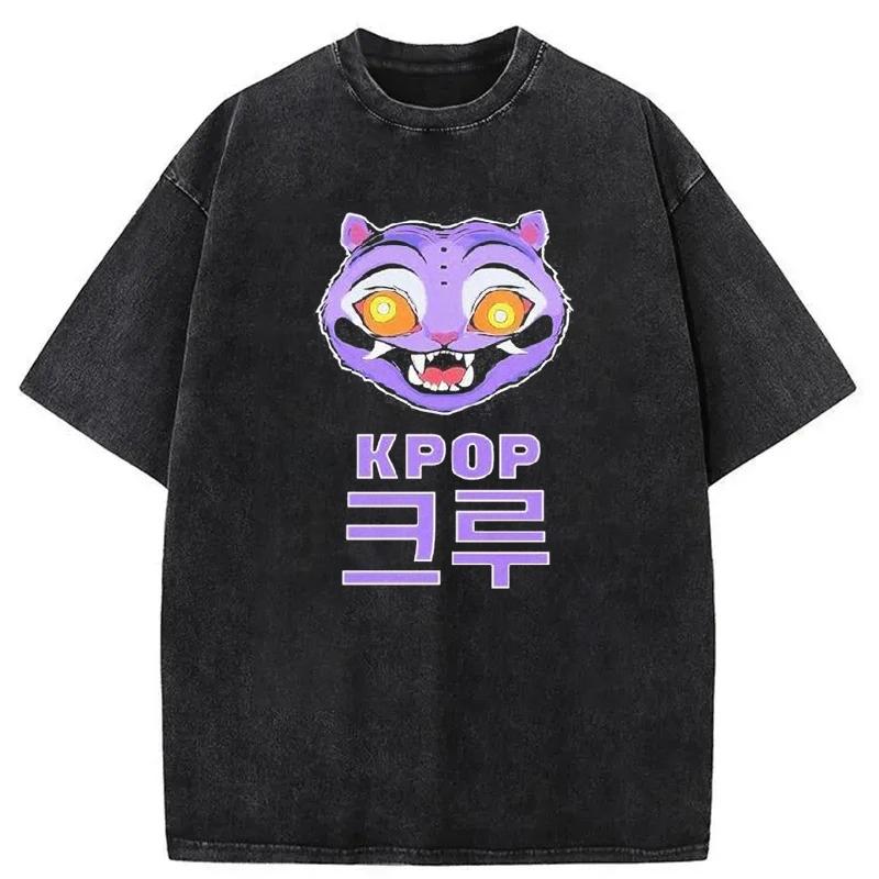 Summer Vintage KPop Demon Hunters Tiger Washed Cotton T-shirts for Men Harajuku Round-neck Heavy Tshirts Oversize Unseix Tee Top