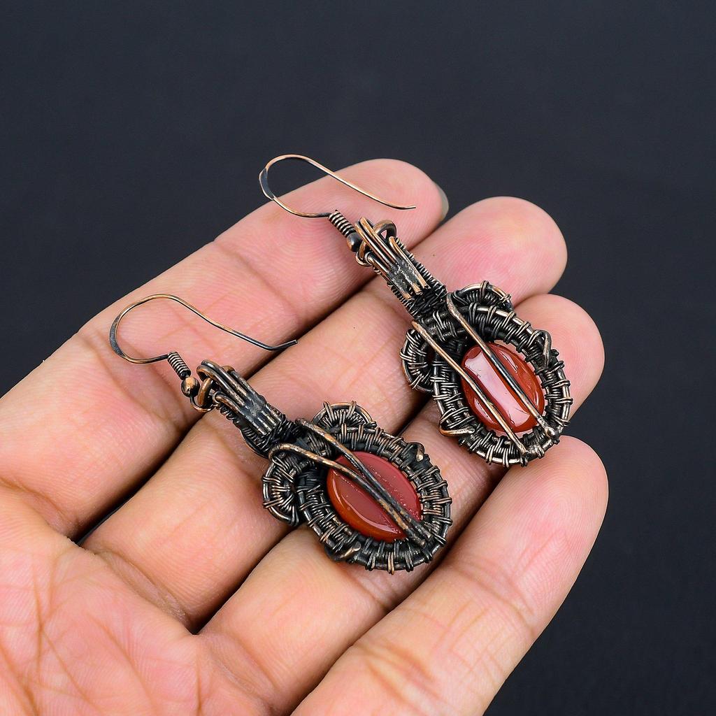 Carnelian 999 Copper Wire Wrapped Earrings, Handmade Gemstone Earrings Jewelry, Gifts For Wife Brand New Earrings