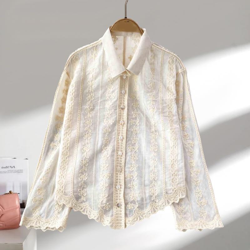 Fashion Elegant Long Sleeved Embroidered Lace Shirt New Lapel Loose and Thin Single-breasted Casual Blouse Female Simple Women's Irregular Top 3504