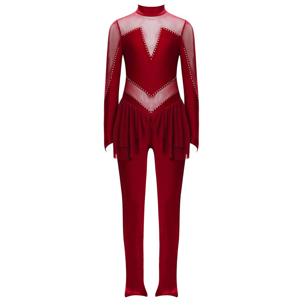 Mädchen Eiskunstlauf Performance Jumpsuit Stehkragen Langarm Transparenter Mesh Patchwork Glänzende Strasssteine Ganzkörperanzug