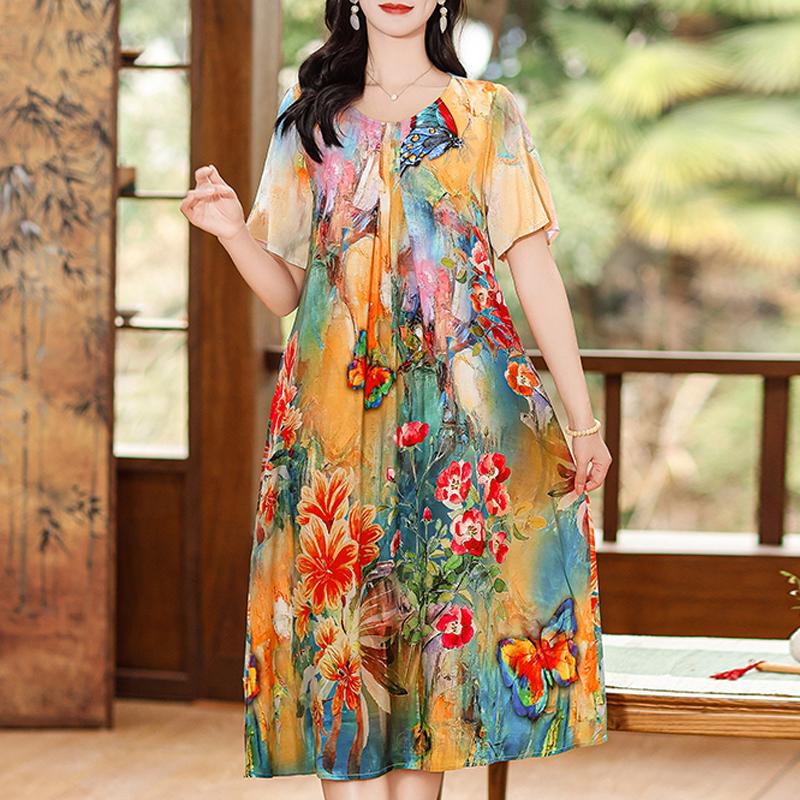 Summer Elegant Long Dresses for Women Plus Size Loose Short Sleeve Vintage Print Women's Dress