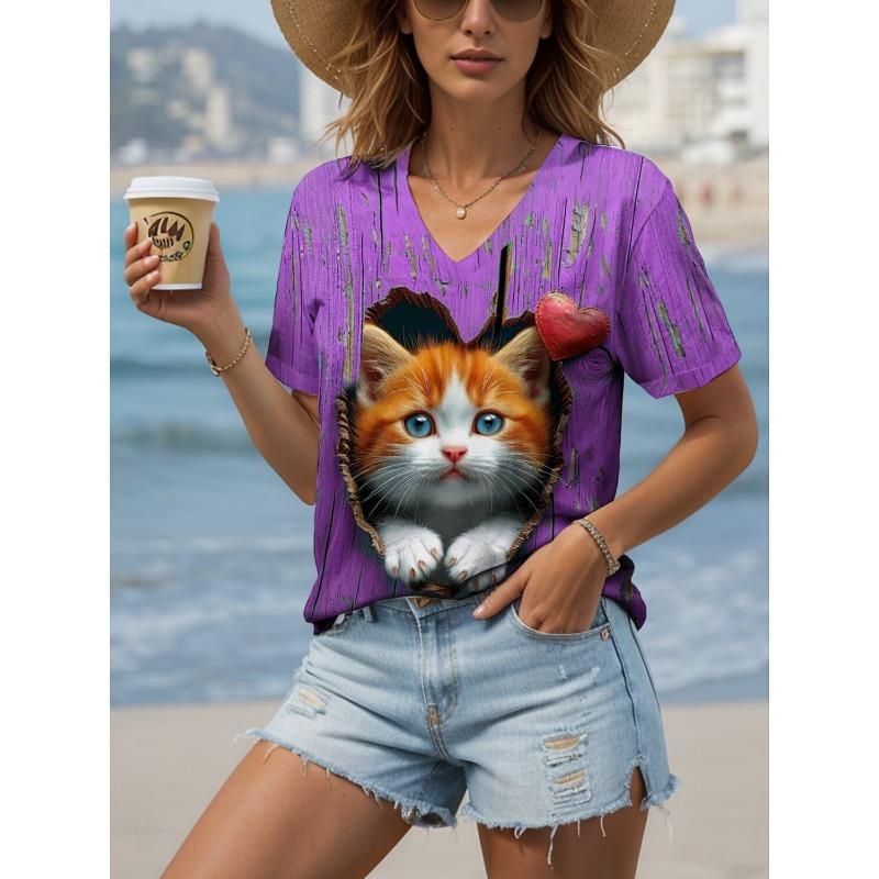 2025 Women's T-Shirt Kawaii Animal Graphic Fashion Short Sleeved V-Neck Regular Tops Daily Print Tee Summer Spring Casual Tops