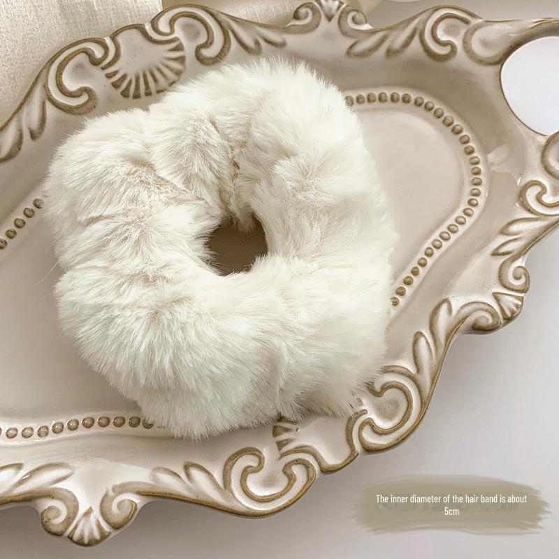 White Plush Hair Ring Elastic Band Headband with Ball - Autumn/Winter Accessories for Women