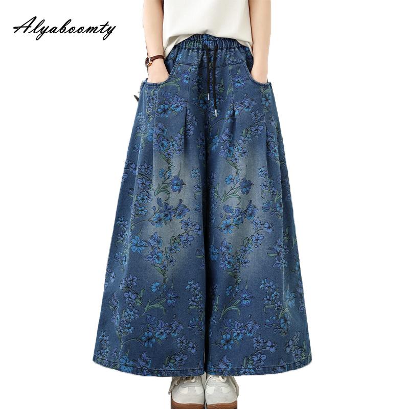 Plus Size Spring Autumn Women Vintage Jeans High Waist Blue Floral Print Baggy Denim Trousers Retro Casual Loose Large Size Chic Jeans With Pockets