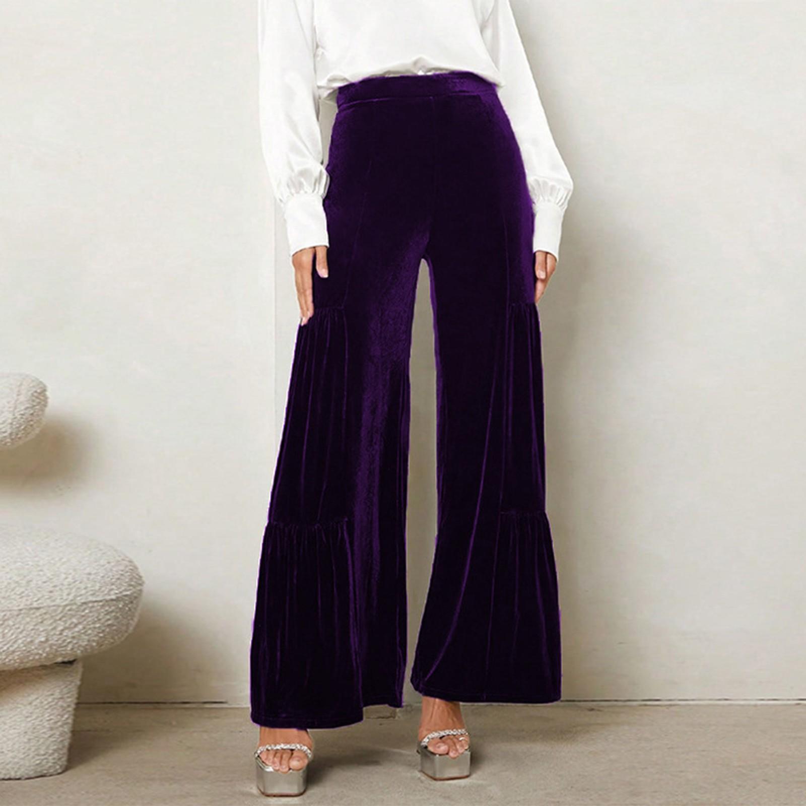 Ladies  Fashionable Commuting Velvet High Waisted Color Wide Leg Pants S фиолетовый