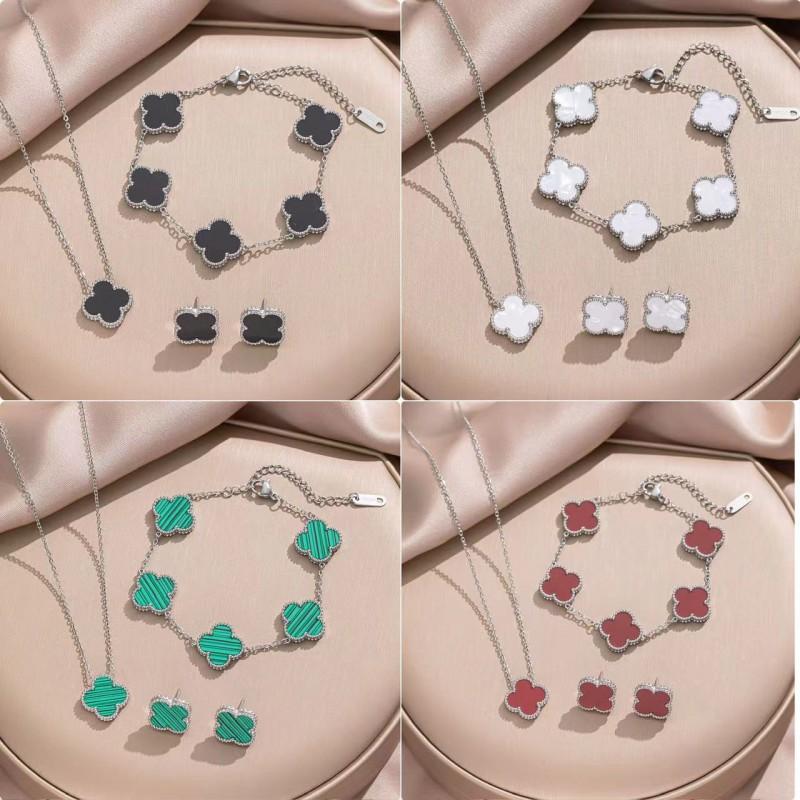 4-Piece Clover Flower Shell Jewelry Set Women - Necklace Bracelet Earrings In Titanium Steel With O-Link Chain