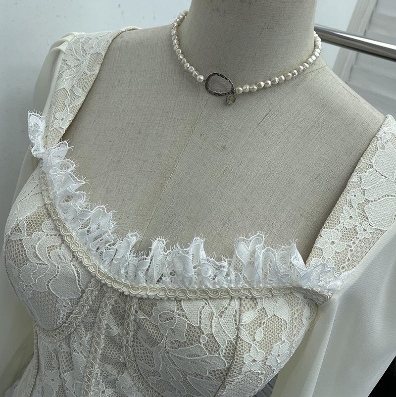 Women's Slim Lace Square Neck Top with Chest Pads - Long Sleeve, Spring/Autumn