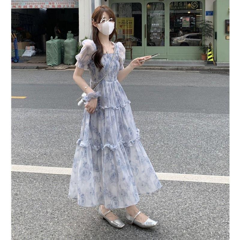 Retro Square Collar Floral Dress Women's Summer 2026 New Super Fairy Mori Waist Thin Fungus Edge Long Skirt