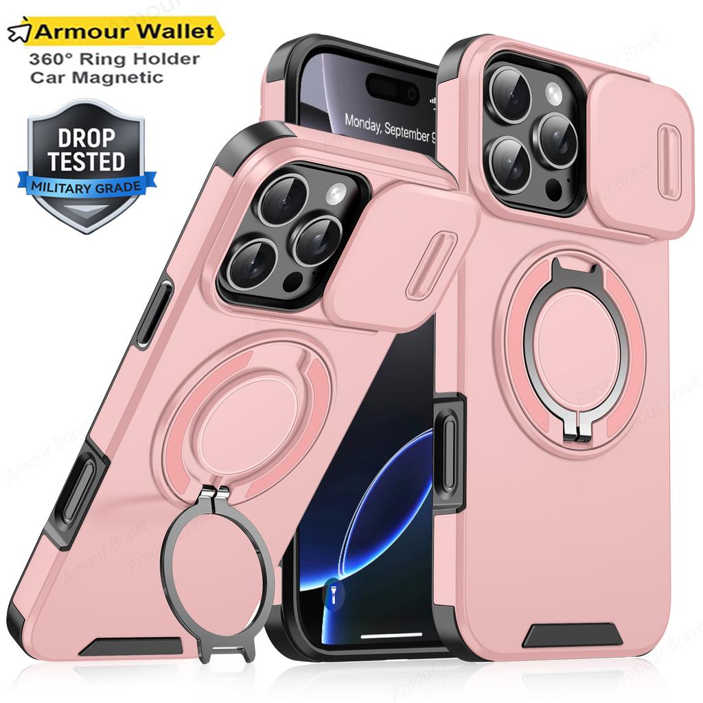 Heavy-duty Rugged Ring Holder Phone Case For iPhone 16 11 12 13 14 15 Pro Max Slide Camera Protection For Magsafe Magnetic Cover