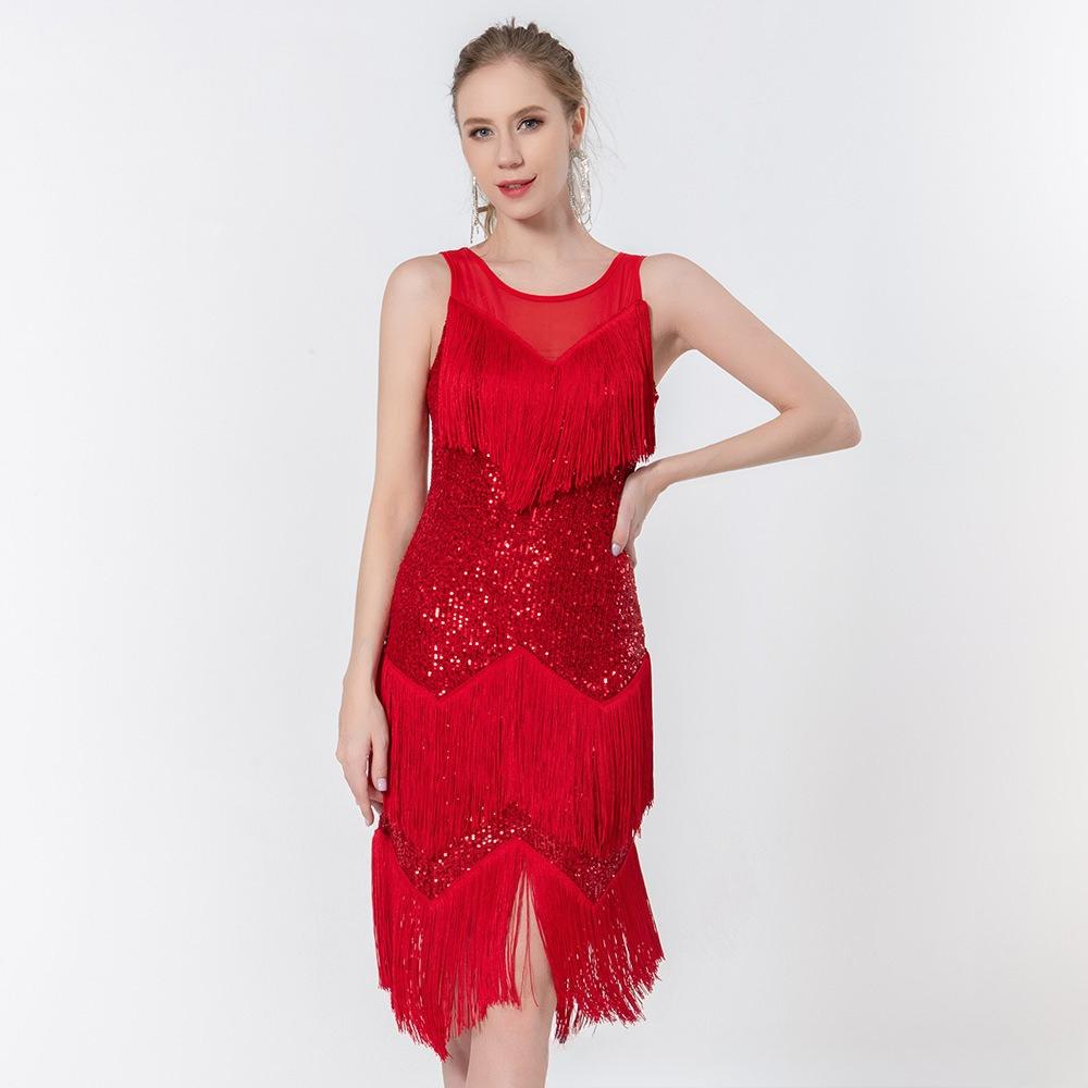 Sequined Tassel Dress Female Latin Dance Dress Prom Party Dress Stage Dress Big Skirt