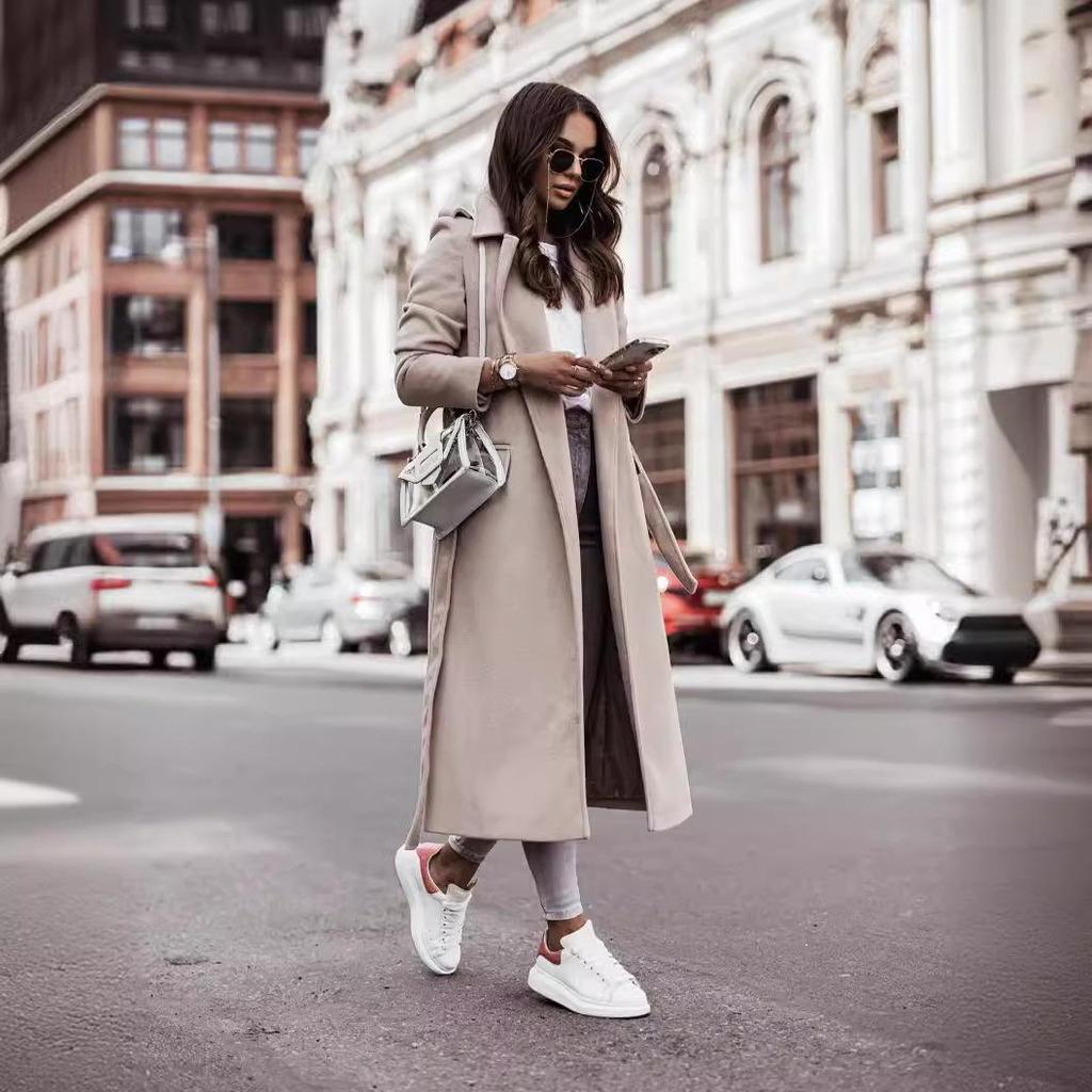 2026 V-neck Tie-Up Wool Coat: Autumn/Winter Long-Sleeved Women's Fashion
