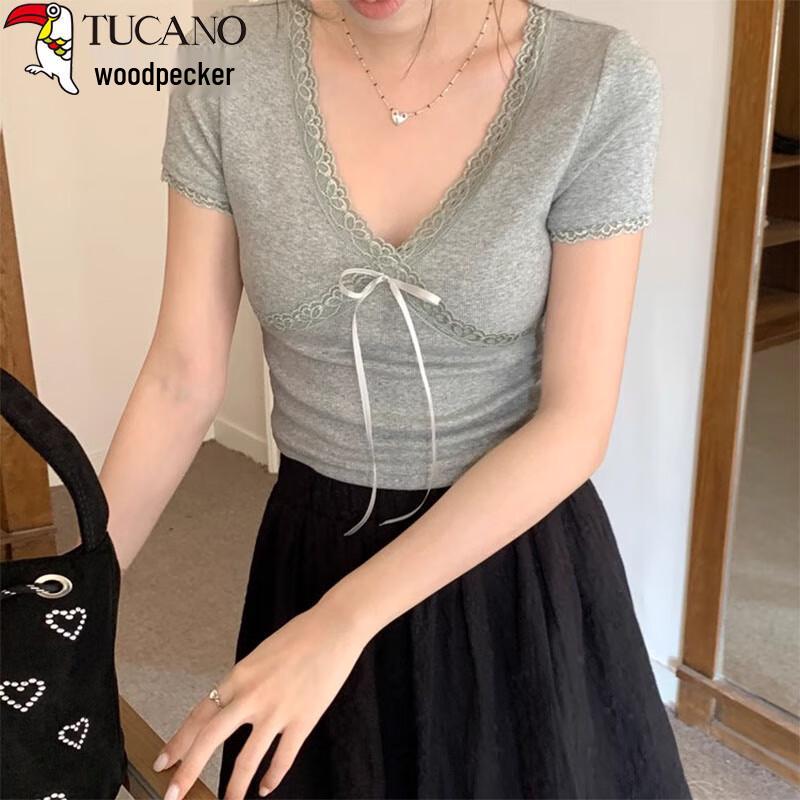 Woodpecker Women's Lace Trim V-Neck Short Sleeve T-Shirt with Bow