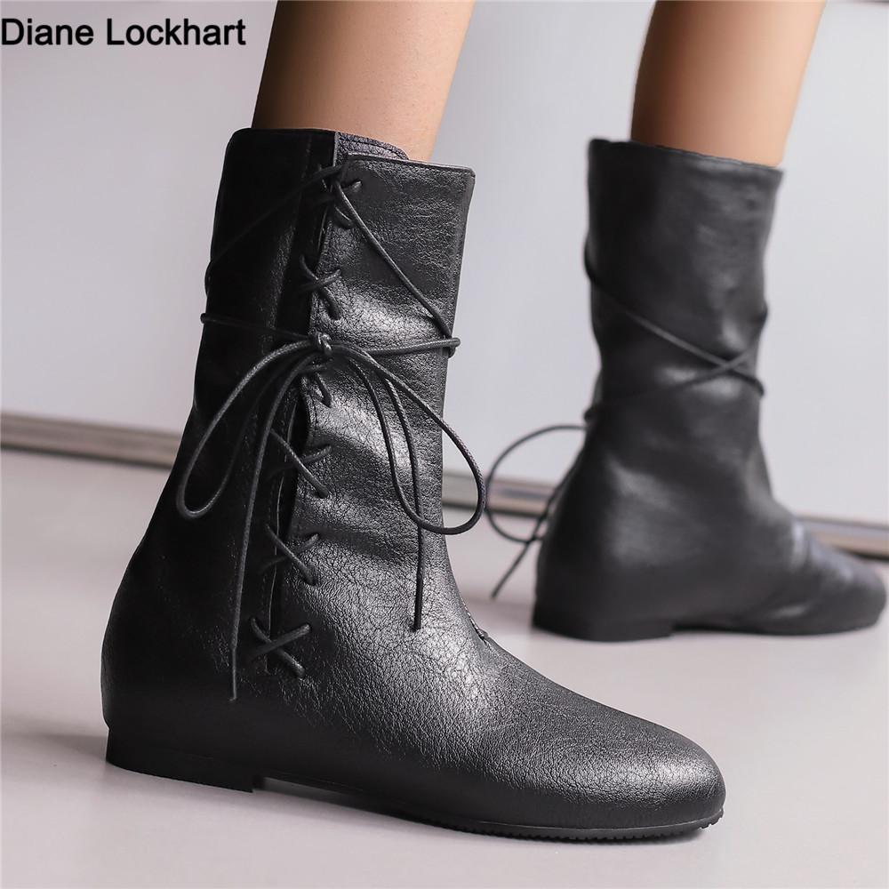 Women Mid Calf Boots Retro Cross Straps Flats Elegant Boots Spring Autumn Lace-Up Boots Party Shoes Round Toe Flat Booties Botas