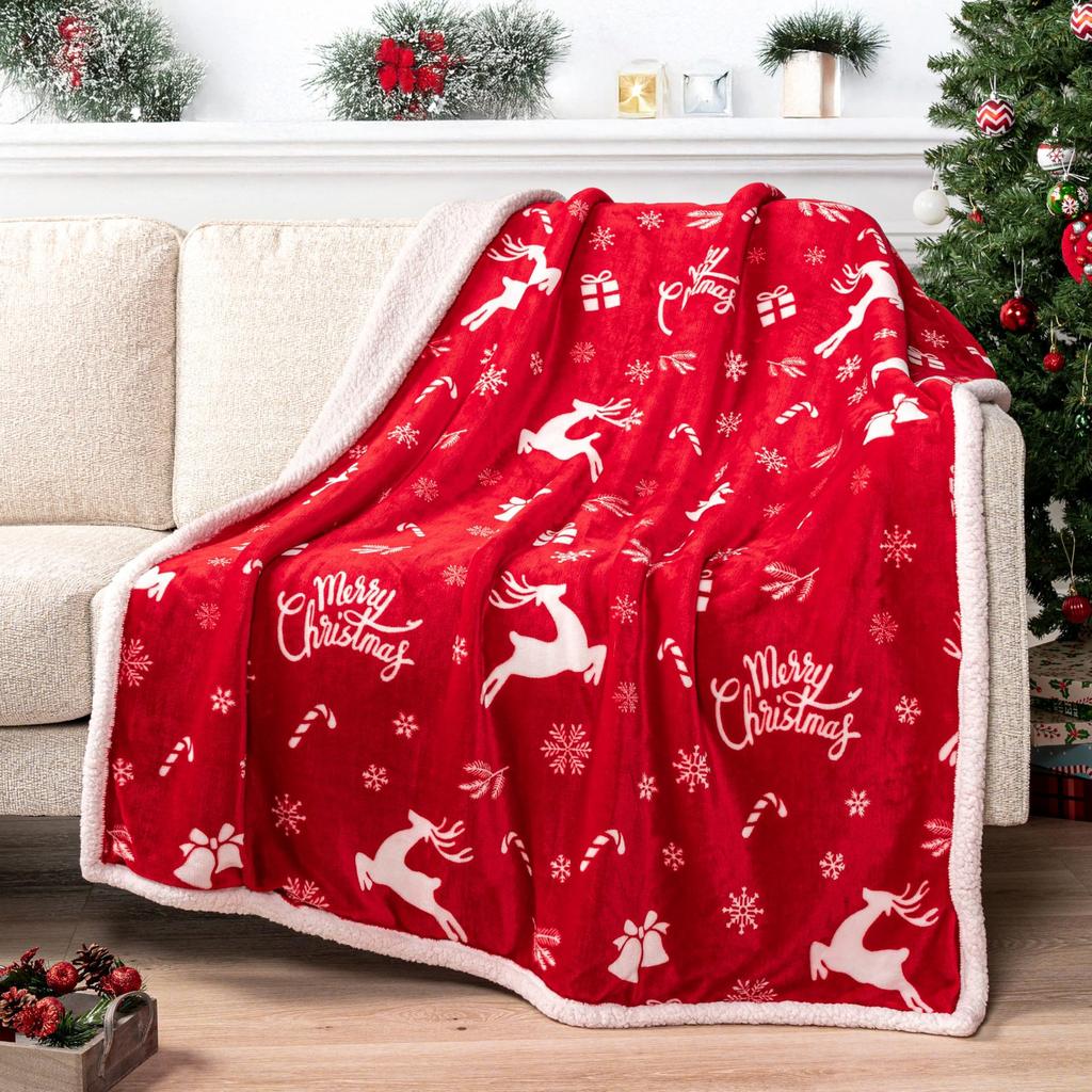 Christmas Reindeer Throw Blanket Double Layer Thicken Fluffy Soft,Warm,Fleece Flannel Santa Claus Snowman Blanket Home Gift
