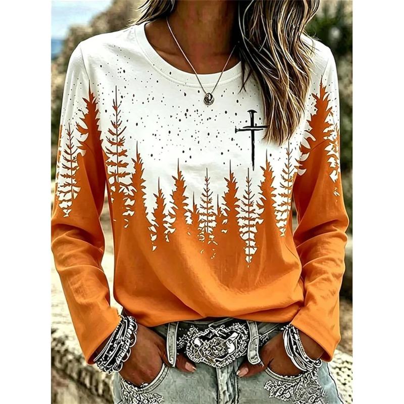 Autumn and Winter Ladies 3D Printed Crew Neck Long Sleeve T-Shirt Halloween Wear