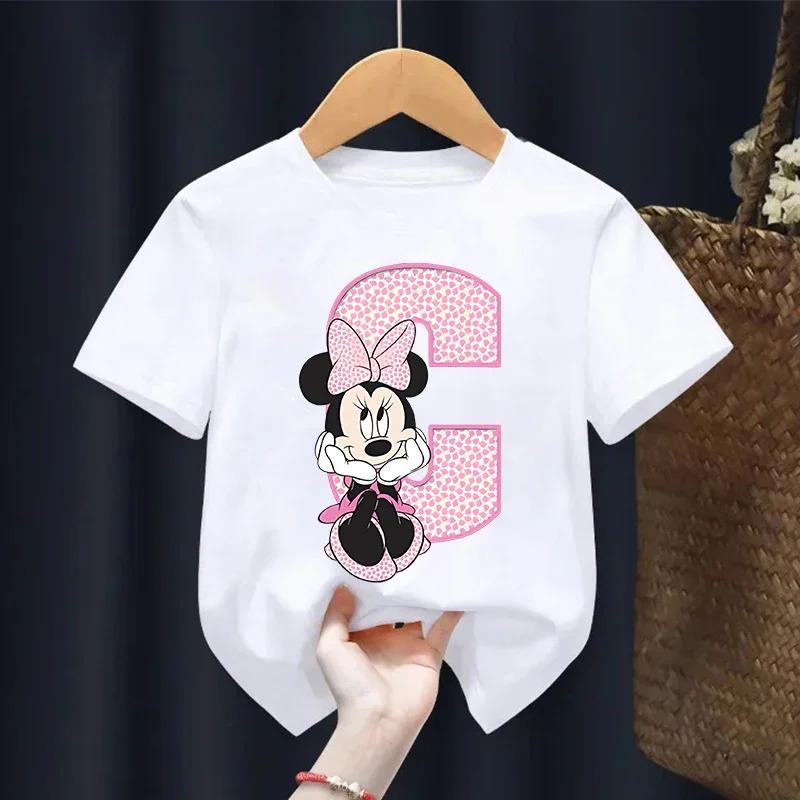 Top Stampato Cartone Animato Disney Minnie Mouse T-shirt con Lettere per Bambina Manica Corta Carina