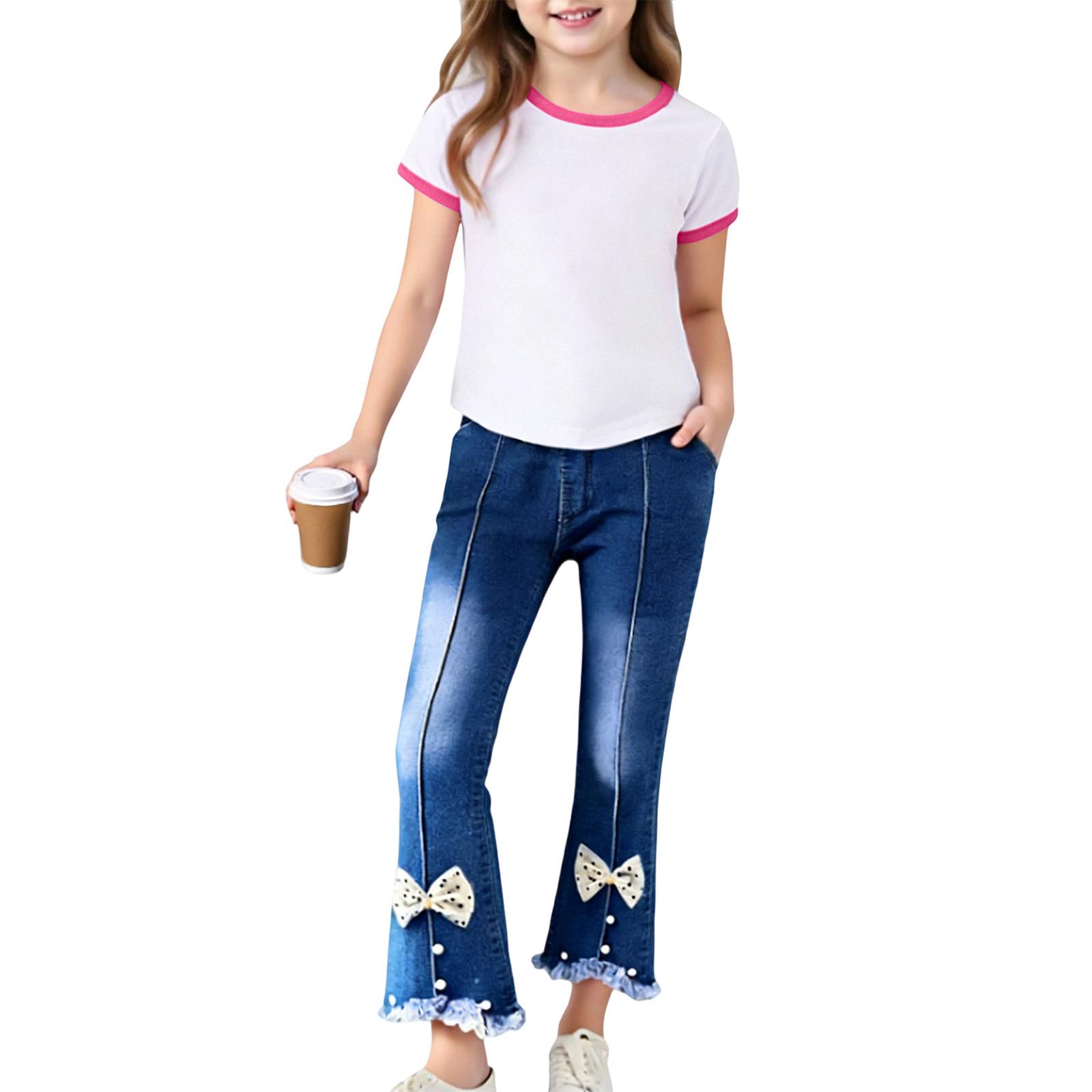 Girls  Raglan Set - Short Sleeve Top & Denim Pants 130