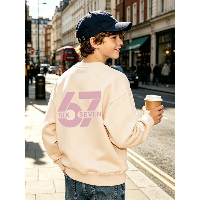Kids Unisex Crewneck Sweatshirt, Back Print Large Pink Number 67 SIX SEVEN Long Sleeve Pullover, Boys Girls Daily Sweatshirt For Kids Over 4 Years Old